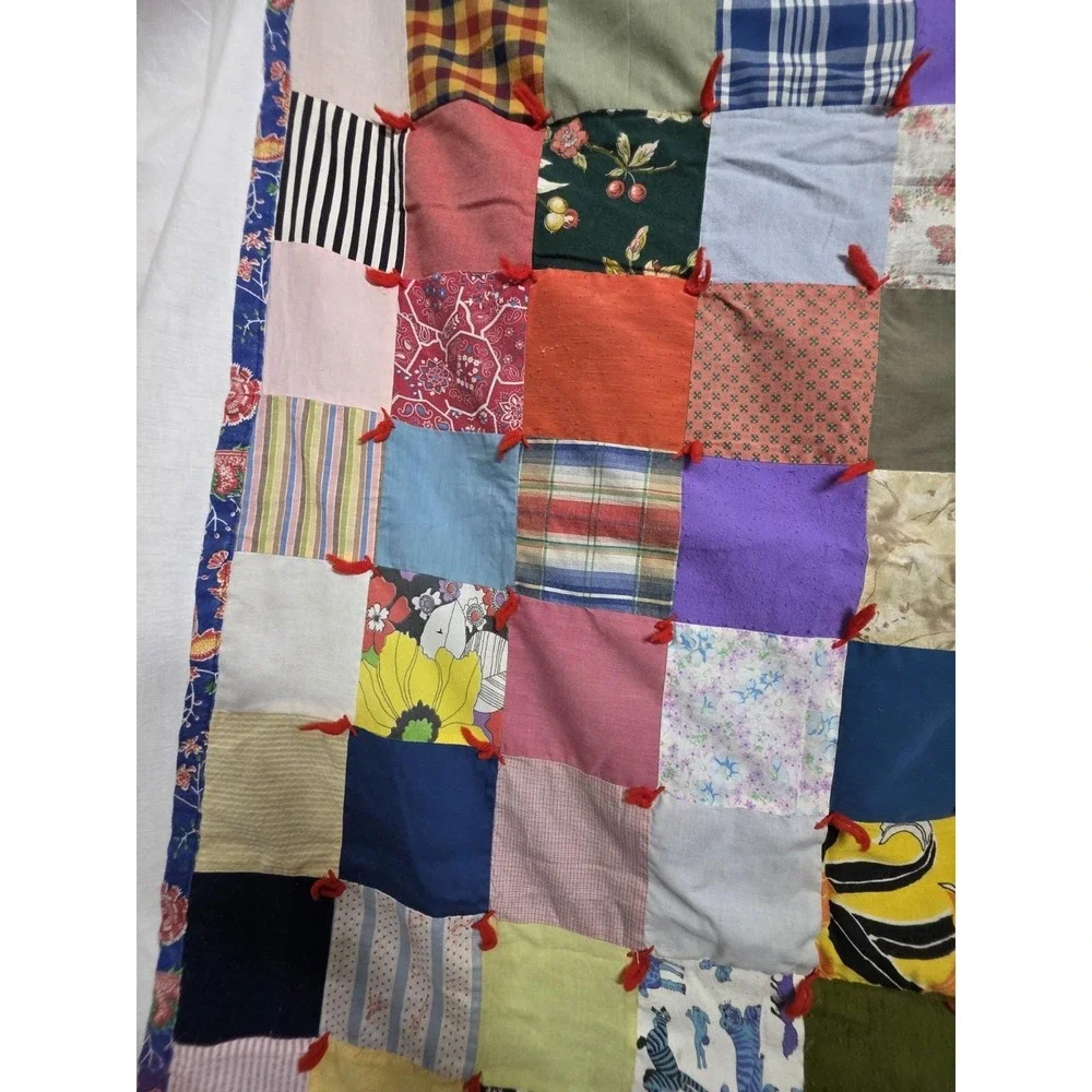 Vintage Handmade Patchwork Tied Quilt 47x40 Cotton Poly Scrap Fabric Folk Art
